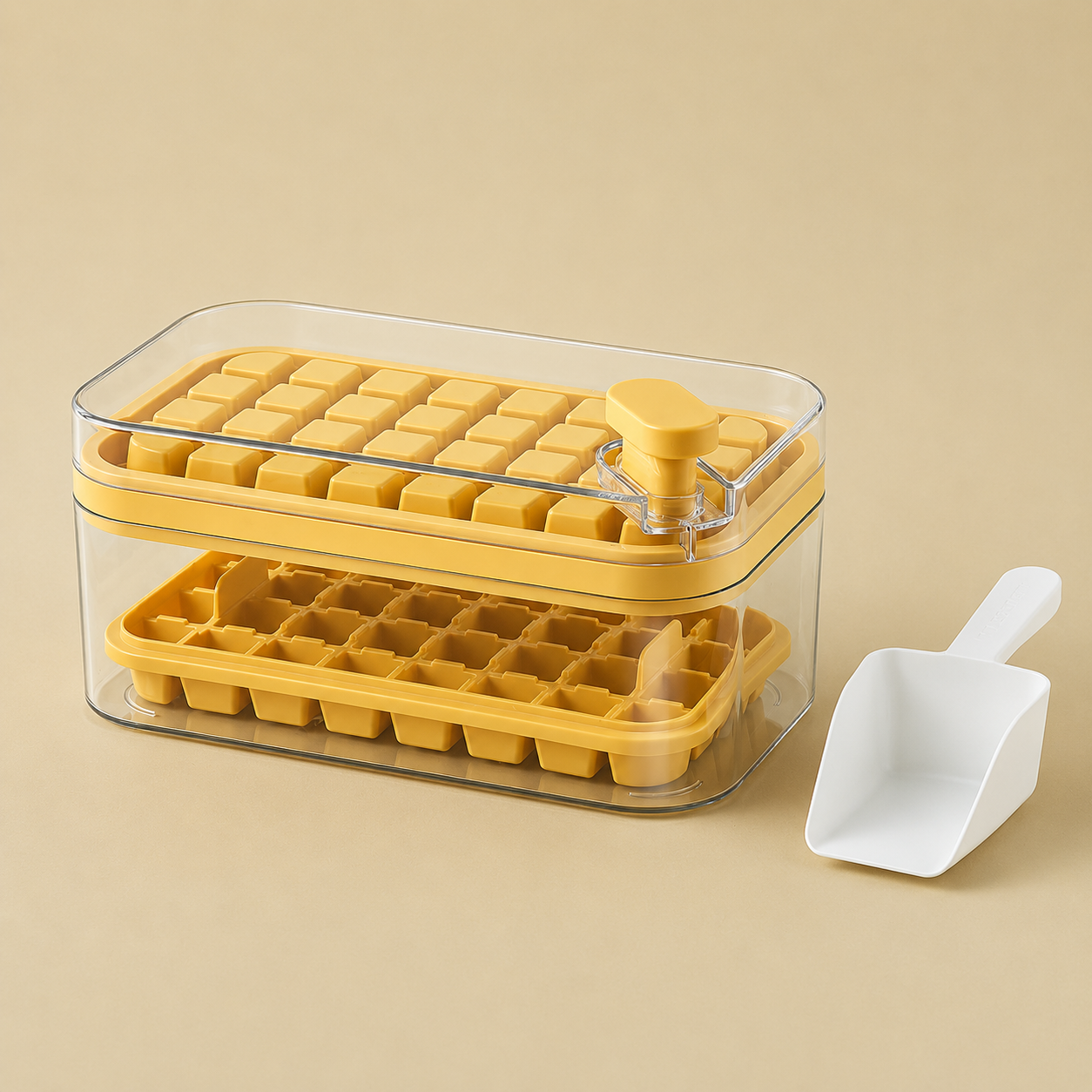 Frostbox Press Ice Cube Maker with Lid - Easy Release Ice Tray Box with Scoop