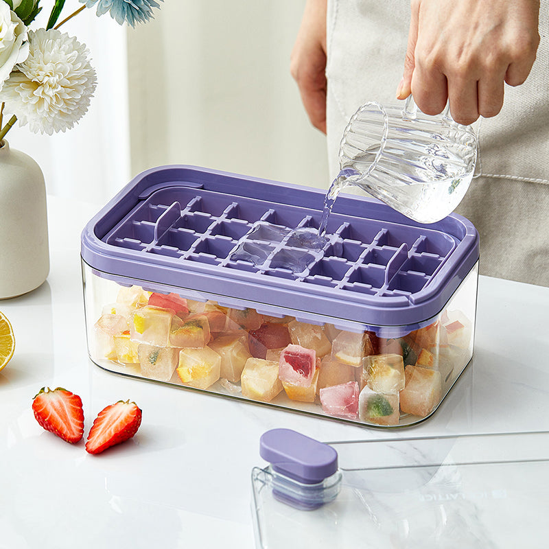 Frostbox Press Ice Cube Maker with Lid - Easy Release Ice Tray Box with Scoop