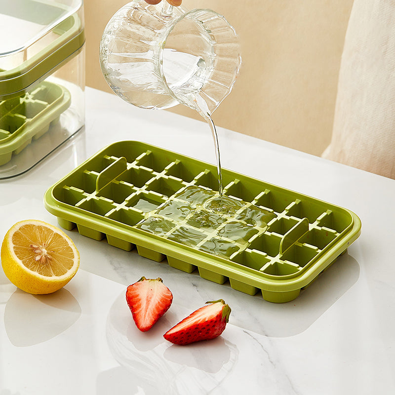 Frostbox Press Ice Cube Maker with Lid - Easy Release Ice Tray Box with Scoop