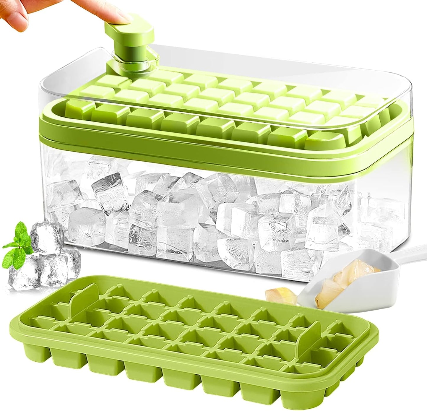 Frostbox Press Ice Cube Maker with Lid - Easy Release Ice Tray Box with Scoop