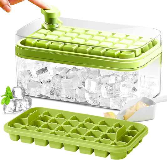 Frostbox Press Ice Cube Maker with Lid - Easy Release Ice Tray Box with Scoop