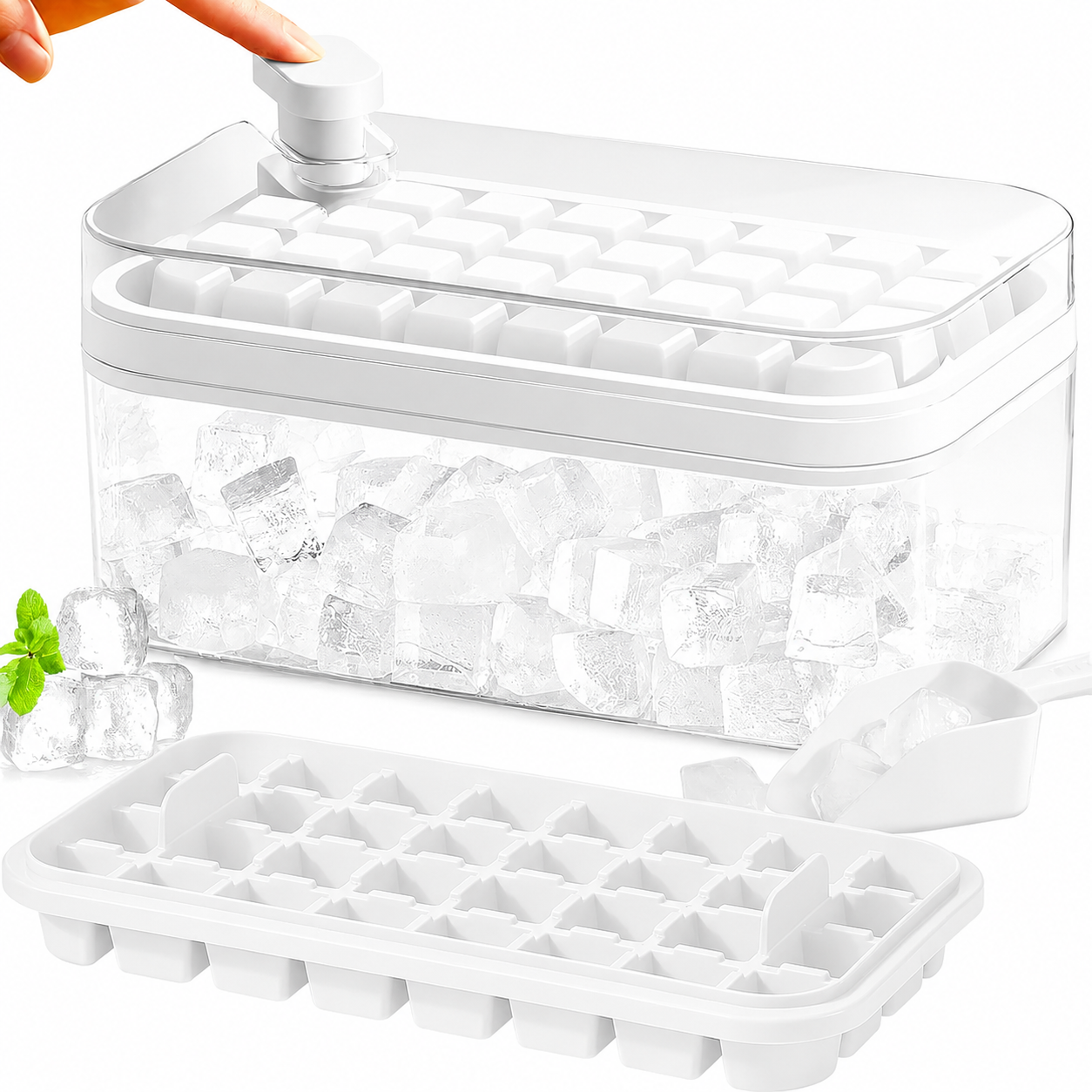 Frostbox Press Ice Cube Maker with Lid - Easy Release Ice Tray Box with Scoop