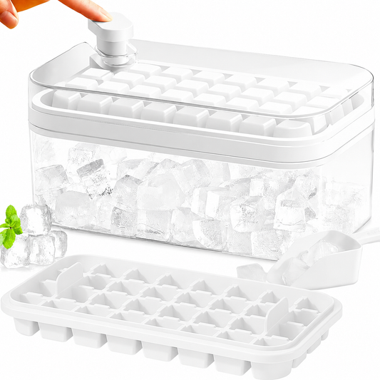 Frostbox Press Ice Cube Maker with Lid - Easy Release Ice Tray Box with Scoop