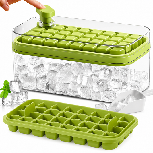 Frostbox Press Ice Cube Maker with Lid - Easy Release Ice Tray Box with Scoop