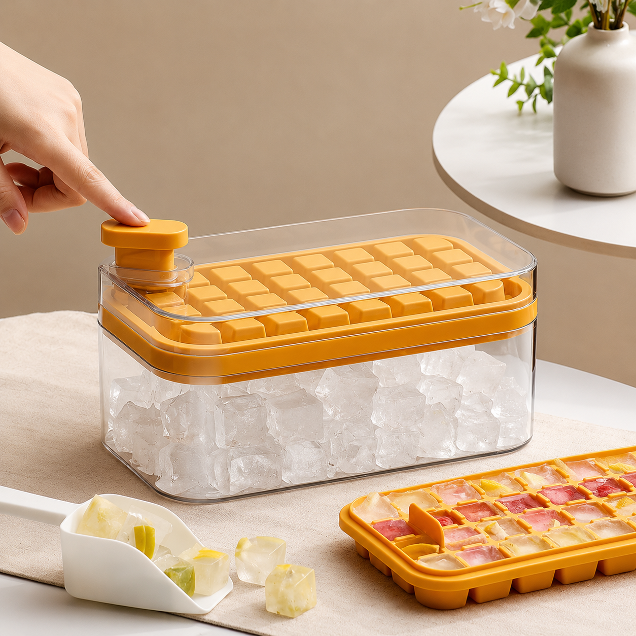Frostbox Press Ice Cube Maker with Lid - Easy Release Ice Tray Box with Scoop