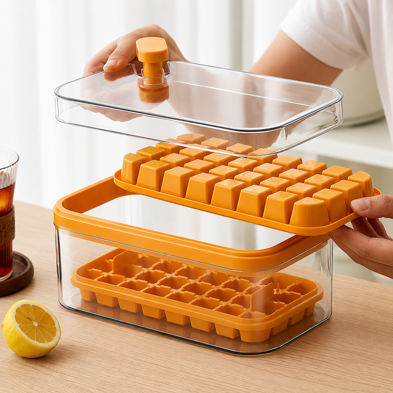 Frostbox Press Ice Cube Maker with Lid - Easy Release Ice Tray Box with Scoop