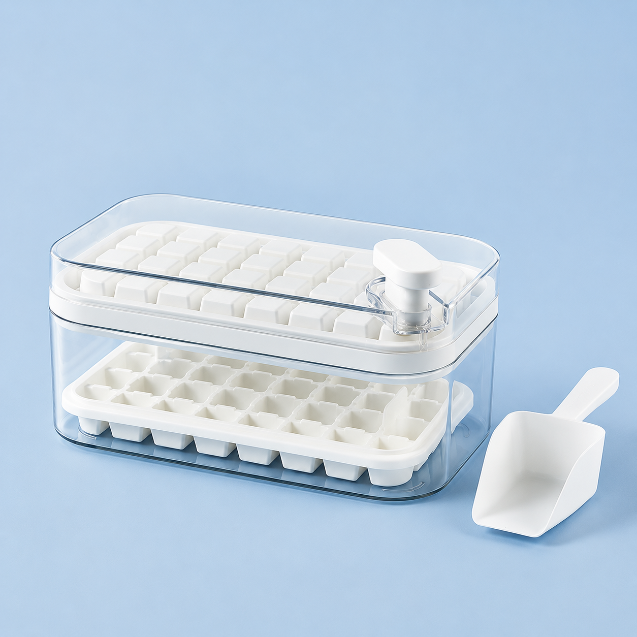 Frostbox Press Ice Cube Maker with Lid - Easy Release Ice Tray Box with Scoop