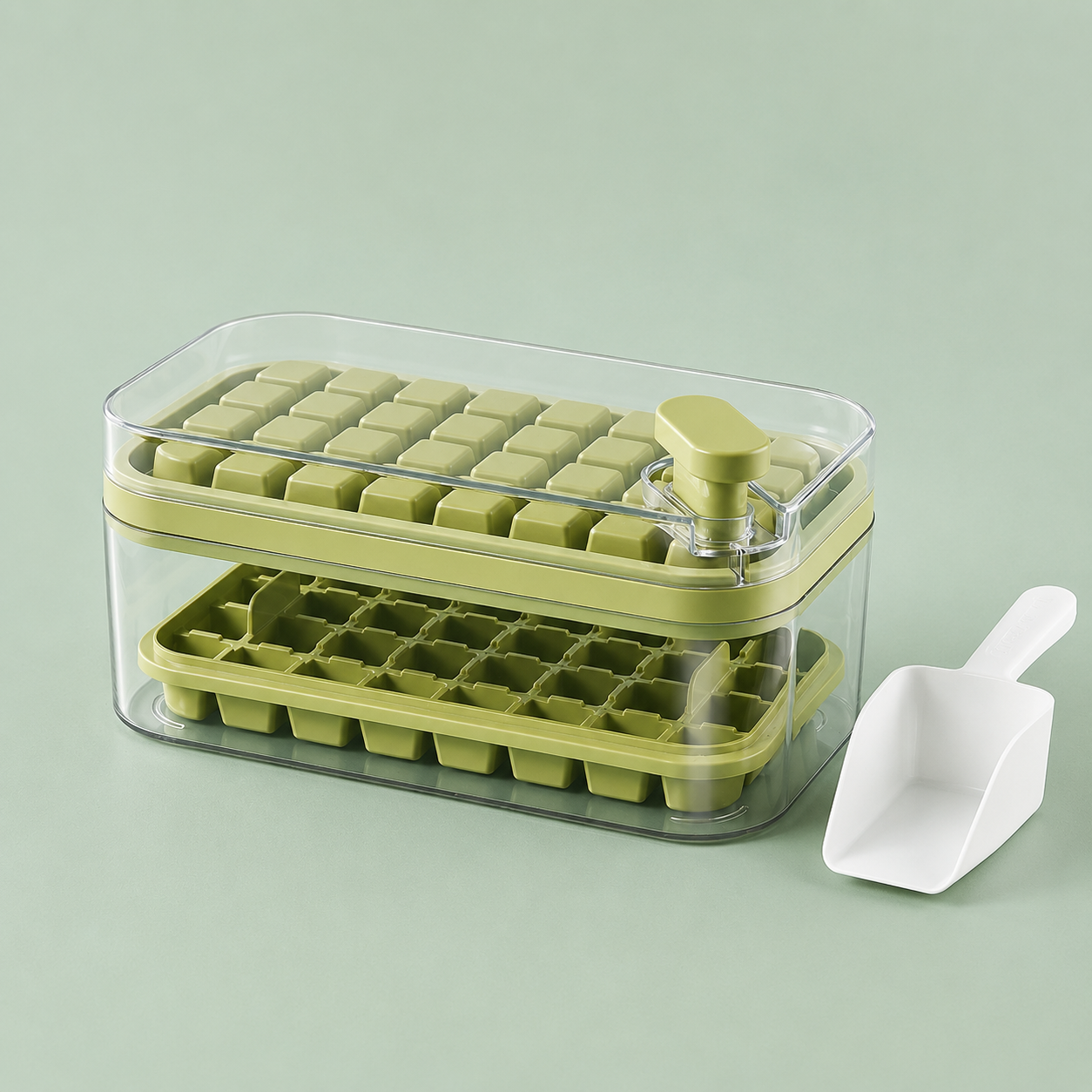 Frostbox Press Ice Cube Maker with Lid - Easy Release Ice Tray Box with Scoop