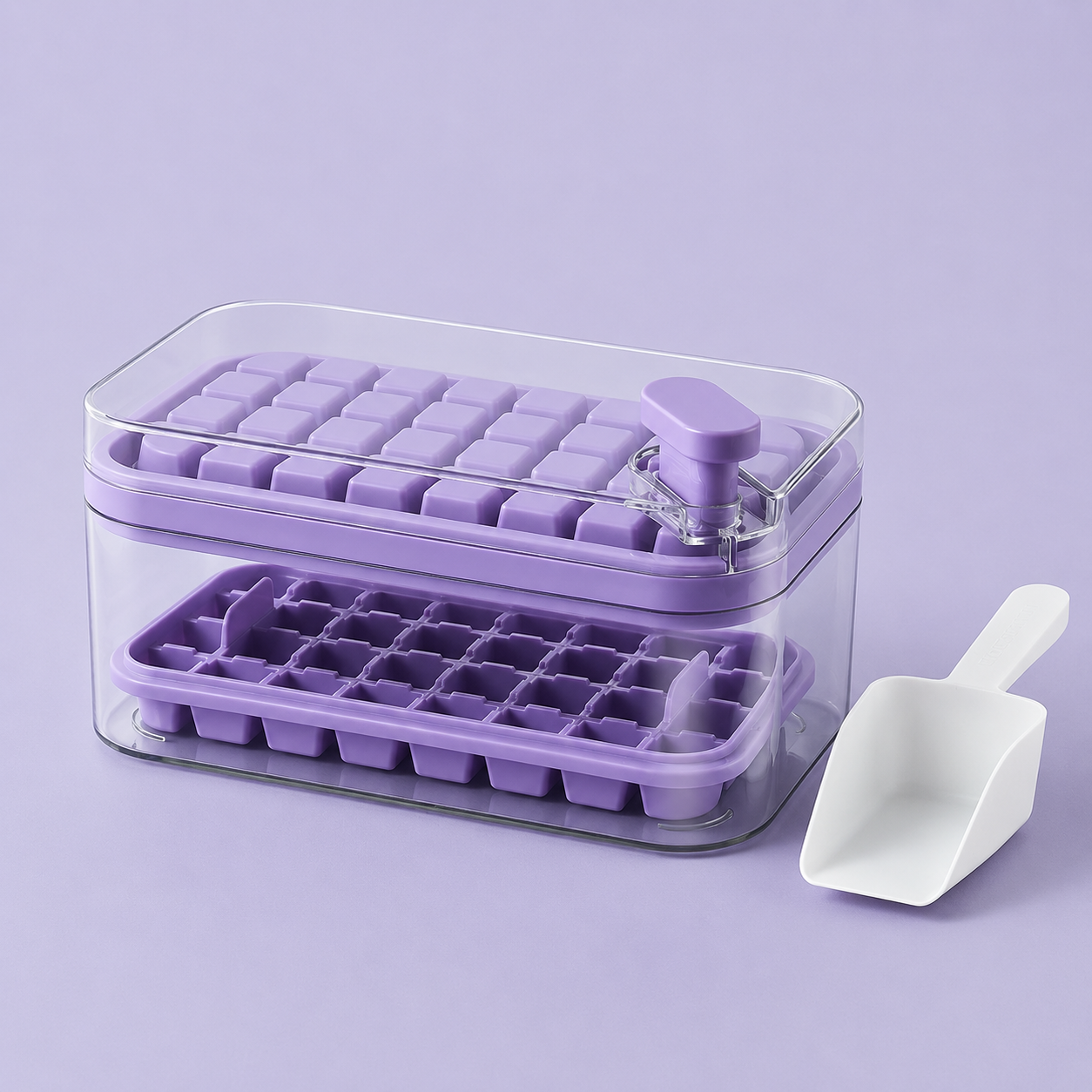 Frostbox Press Ice Cube Maker with Lid - Easy Release Ice Tray Box with Scoop