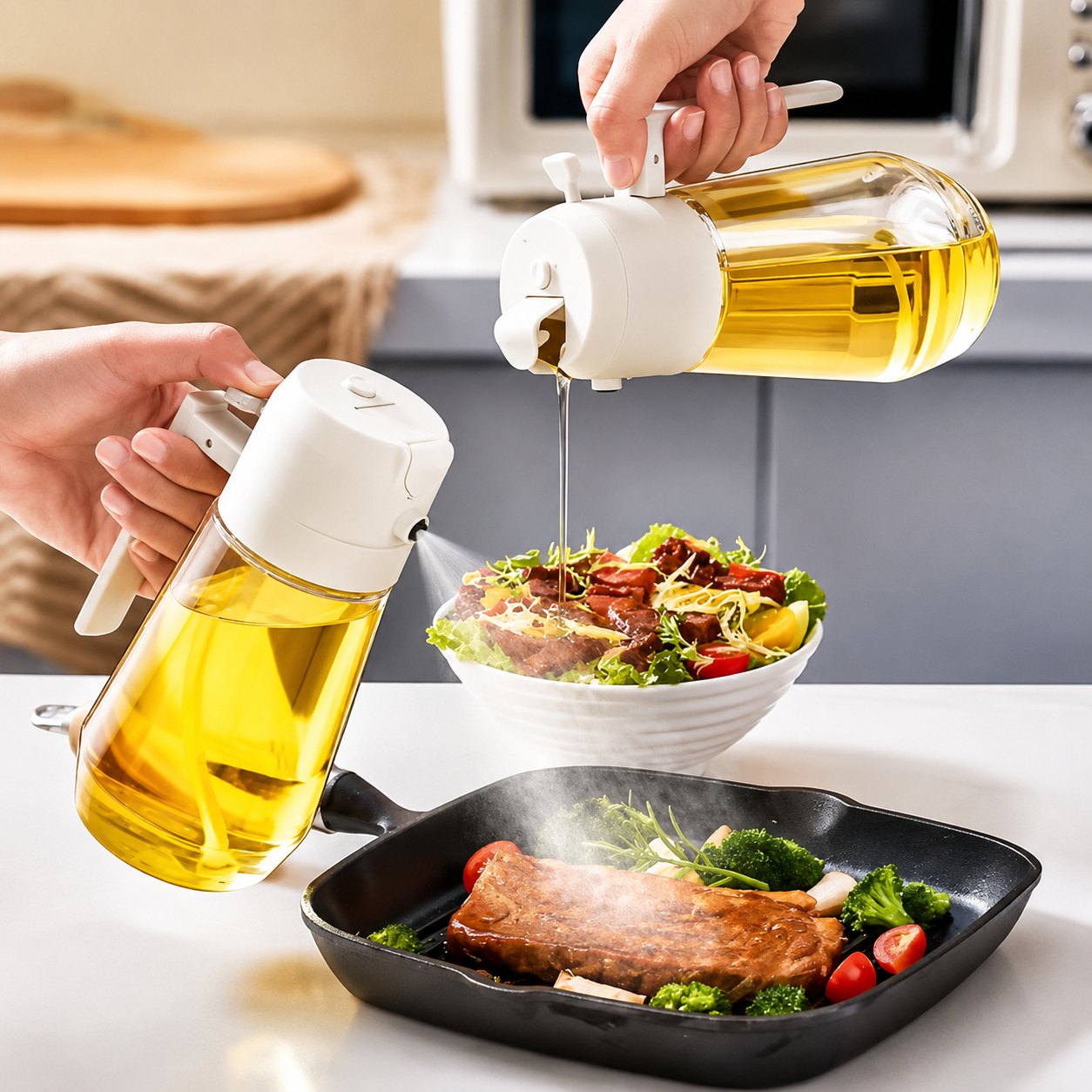 Oil Spray Bottle and Dispenser for Cooking - 2-in-1 Spray and Pour Oil Can