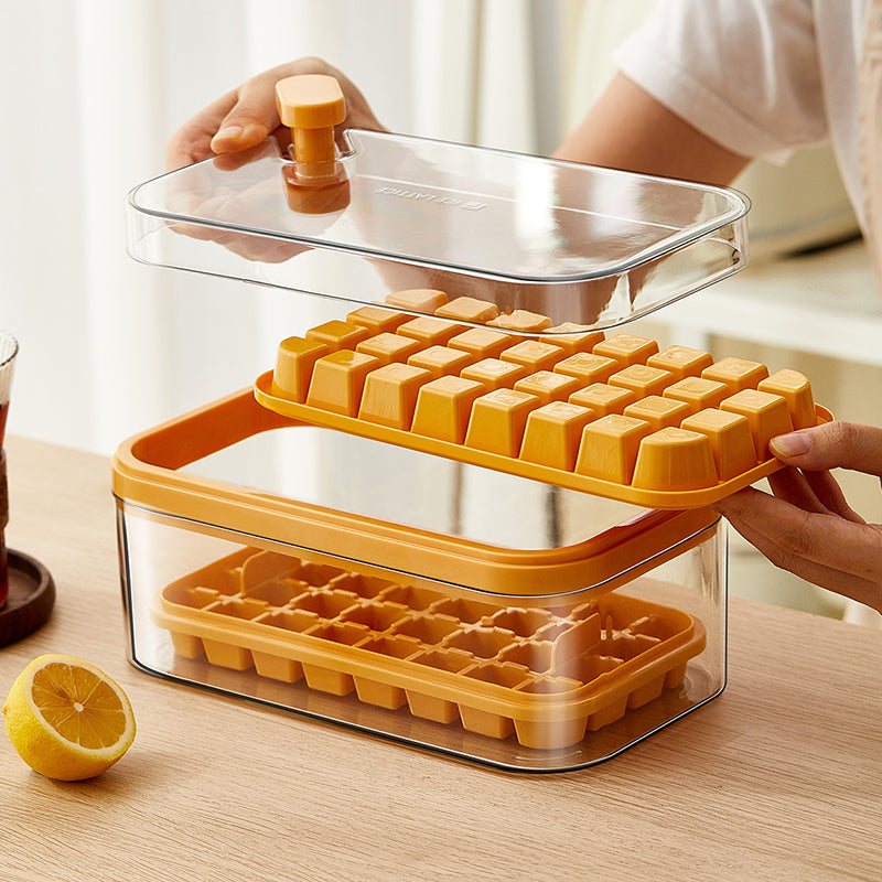 Frostbox Press Ice Cube Maker with Lid - Easy Release Ice Tray Box with Scoop
