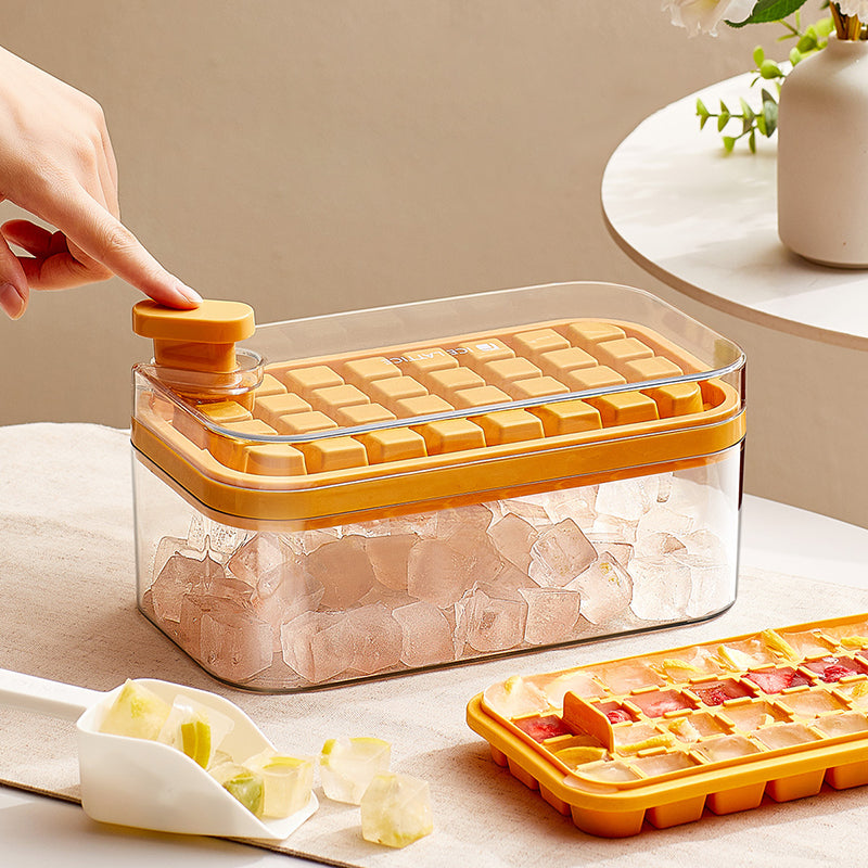Frostbox Press Ice Cube Maker with Lid - Easy Release Ice Tray Box with Scoop