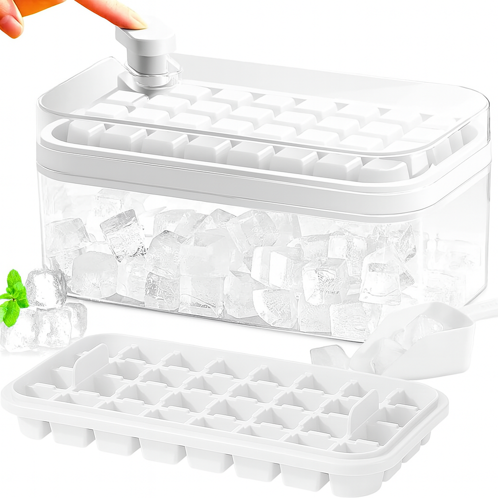 Frostbox Press Ice Cube Maker with Lid - Easy Release Ice Tray Box with Scoop