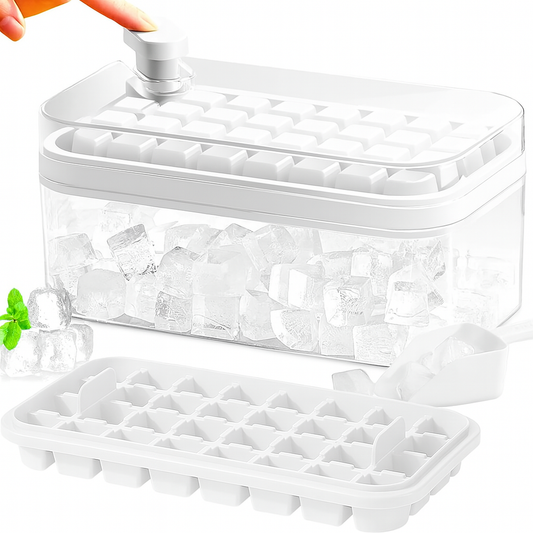 Frostbox Press Ice Cube Maker with Lid - Easy Release Ice Tray Box with Scoop