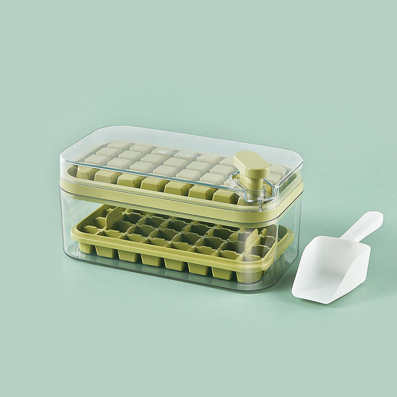 Frostbox Press Ice Cube Maker with Lid - Easy Release Ice Tray Box with Scoop
