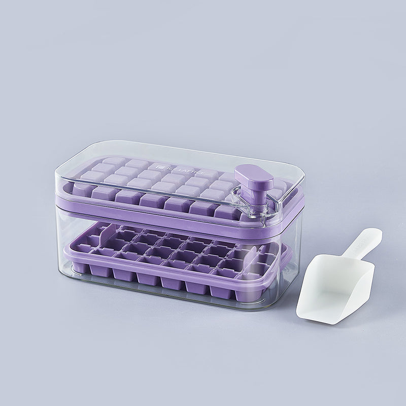 Frostbox Press Ice Cube Maker with Lid - Easy Release Ice Tray Box with Scoop