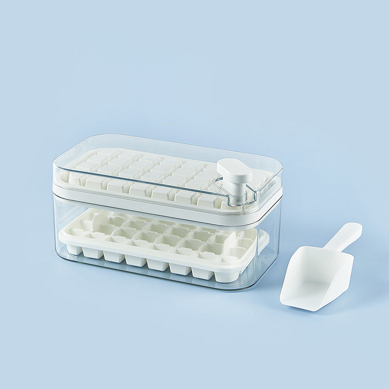Frostbox Press Ice Cube Maker with Lid - Easy Release Ice Tray Box with Scoop