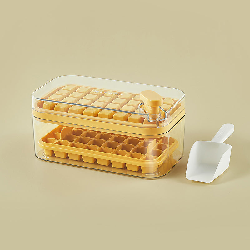 Frostbox Press Ice Cube Maker with Lid - Easy Release Ice Tray Box with Scoop